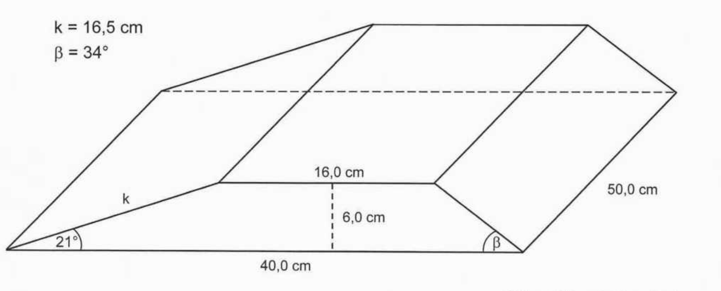 Geometrische Skizze mit Maßangaben und Winkeln eines Körpers.